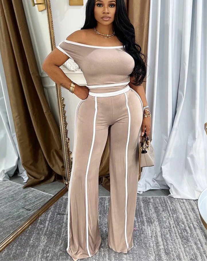 Casual T-Shirt Crop Tops and Trousers Two Pieces Suit