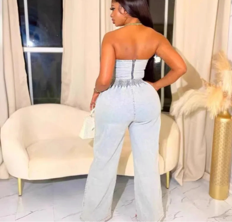 Casual Denim 2 Piece Sets Sleeveless Backless Zipper Crop Top and Wide Leg Jeans Female Streetwear New