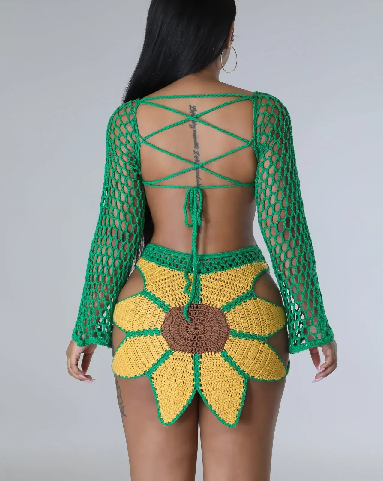 Crochet Sunflower Women Two 2 Piece Set Outfits Crop Top and Midi Mini Skirt Suit 2025