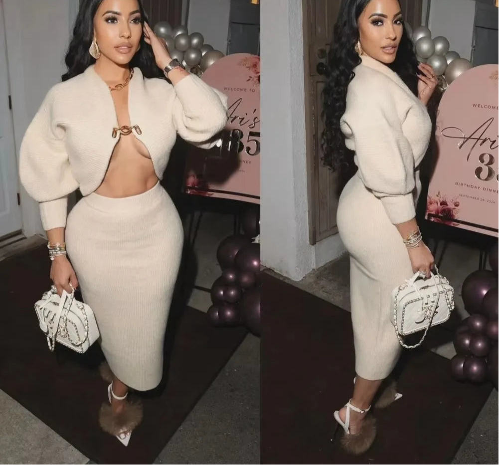 High Quality Elegant Knit Lantern Sleeve Crop Cardigan + Long Skirt Suit Streetwear