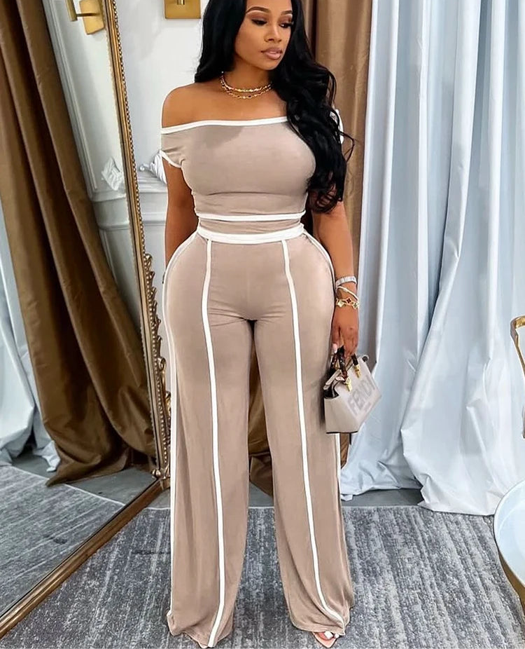 Casual T-Shirt Crop Tops and Trousers Two Pieces Suit