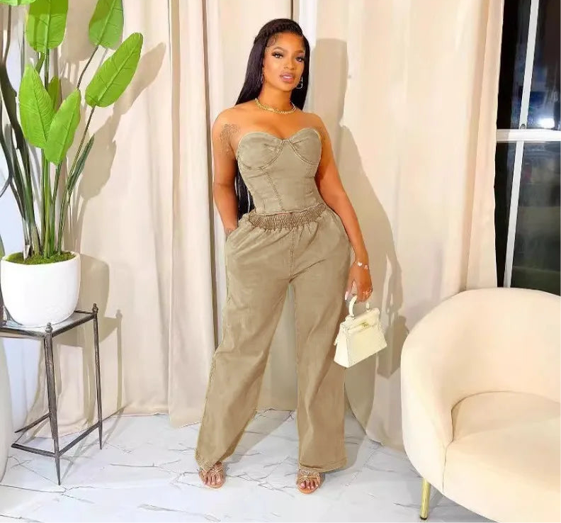 Casual Denim 2 Piece Sets Sleeveless Backless Zipper Crop Top and Wide Leg Jeans Female Streetwear New