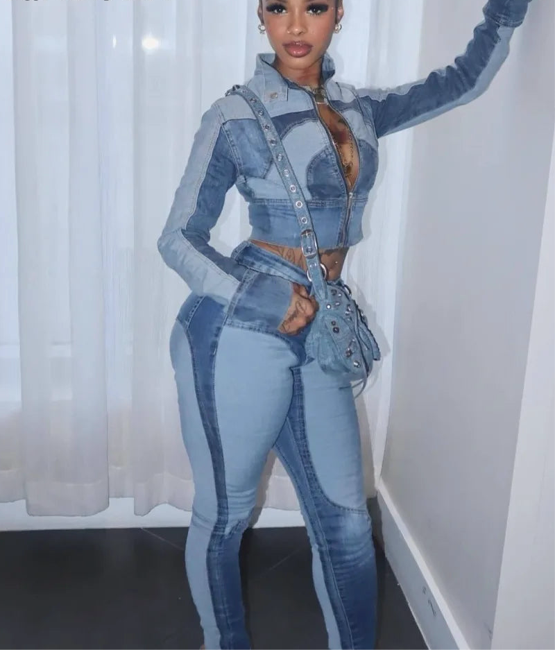 Spoken Dreams: Denim Long Sleeve Crop Jacket + Pants two piece set