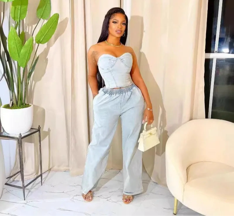 Casual Denim 2 Piece Sets Sleeveless Backless Zipper Crop Top and Wide Leg Jeans Female Streetwear New