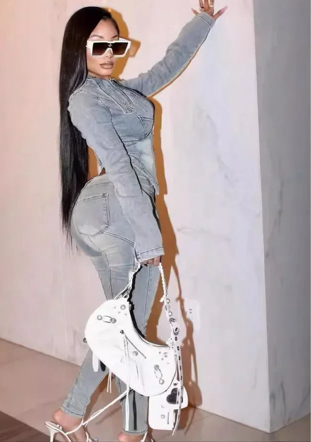 Denim Women's Set Full Sleeve V-neck Jacket +Jeans Pants Fall Streetwear Two 2 Piece Sets Outfit Tracksuit