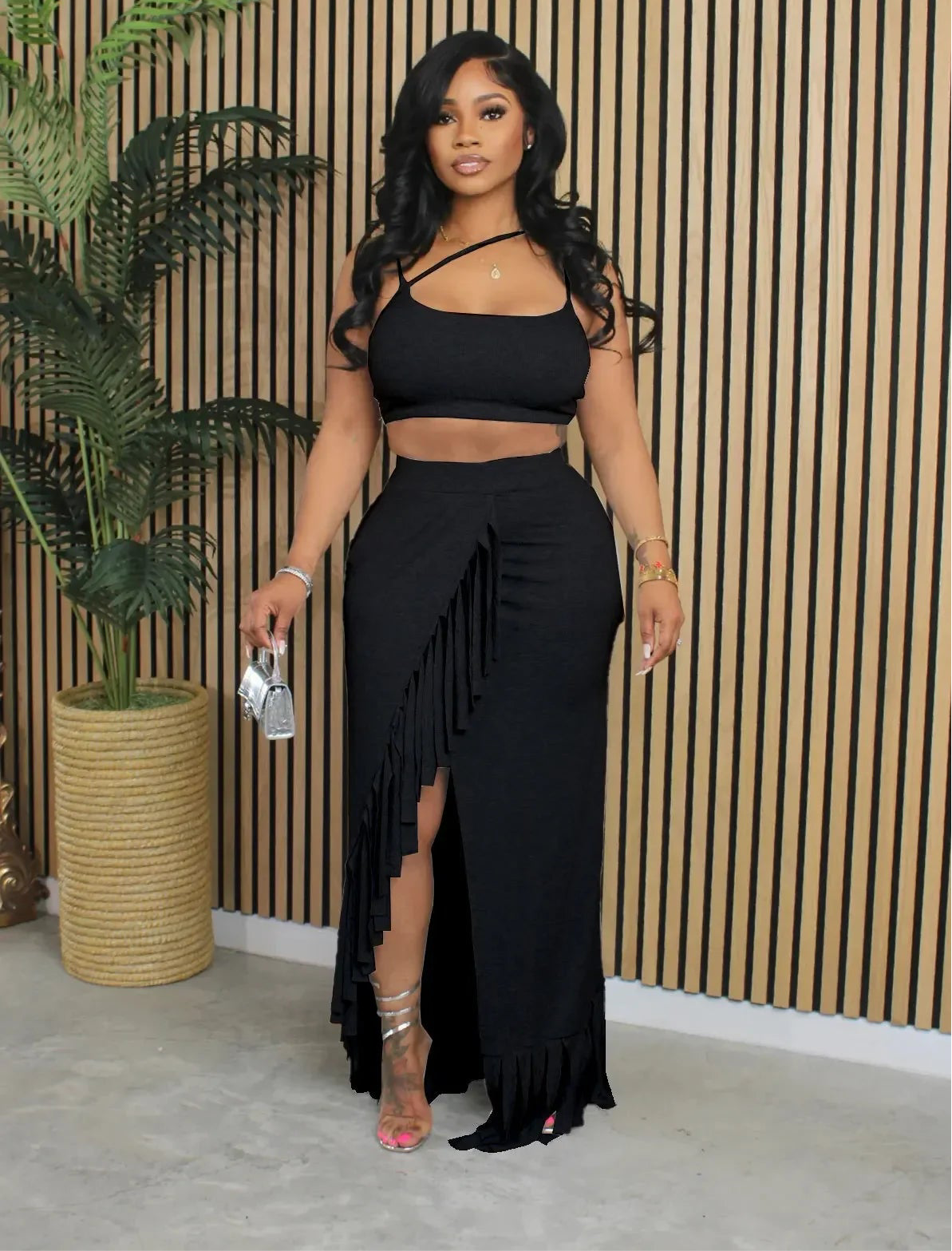 Sexy Strap Crop Top and Tassel Long Skirt Sets