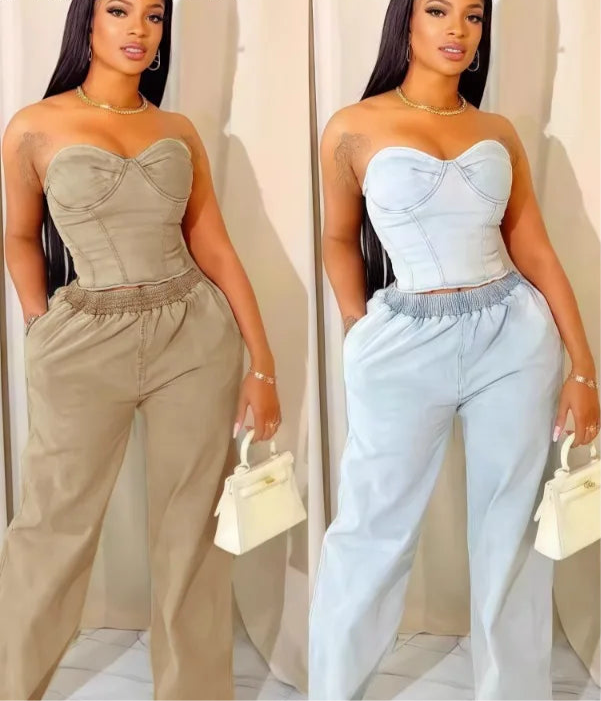 Casual Denim 2 Piece Sets Sleeveless Backless Zipper Crop Top and Wide Leg Jeans Female Streetwear New