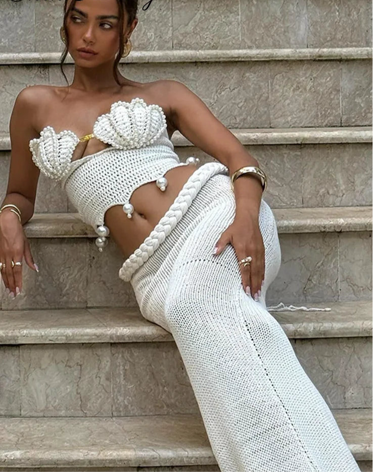 Sexy Crochet Hollow Out Pearl Skirt Set Women Solid Crop Bikini Tops Slim Hip Package Skirts 2025 Summer Lady Beach Outfits New