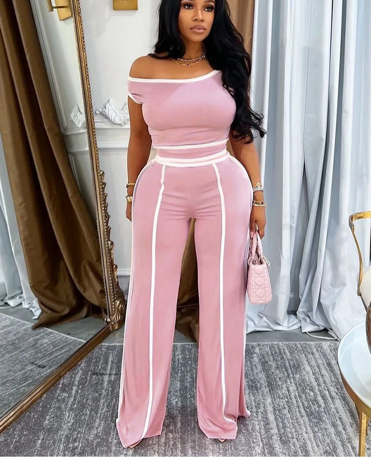 Casual T-Shirt Crop Tops and Trousers Two Pieces Suit