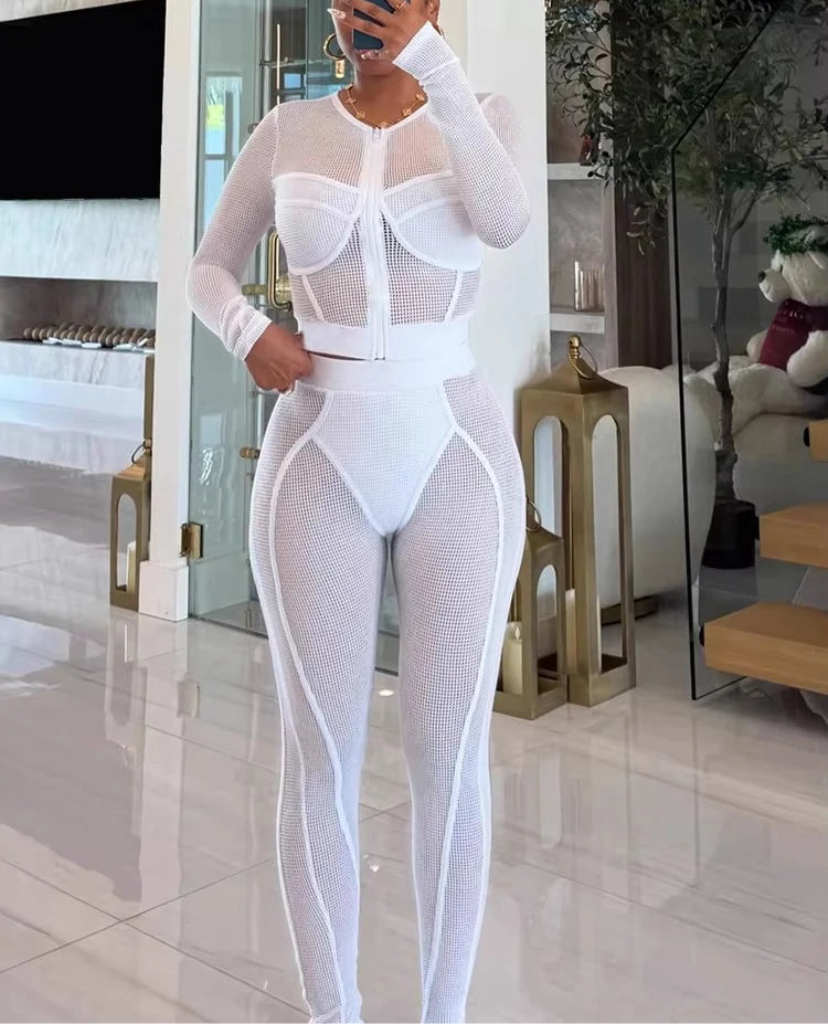 Spoken Dreams: Elegant White Mesh Crop Top, Matching Pants Set