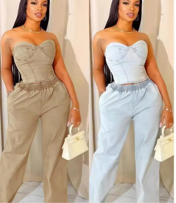 Casual Denim 2 Piece Sets Sleeveless Backless Zipper Crop Top and Wide Leg Jeans Female Streetwear New
