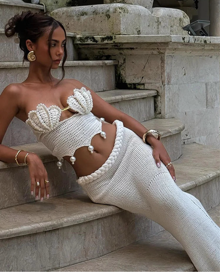 Sexy Crochet Hollow Out Pearl Skirt Set Women Solid Crop Bikini Tops Slim Hip Package Skirts 2025 Summer Lady Beach Outfits New