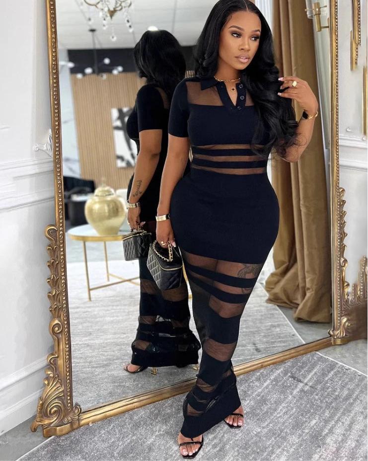 Women mesh see though patchwork polo-collar Bodycon Midi Maxi Long Dress