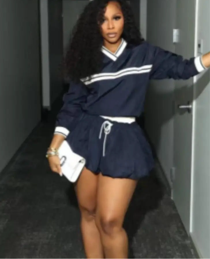 Spoken Dreams: Two Piece Set V-Neck Long Sleeve Tops and Mini Puffy Skirt