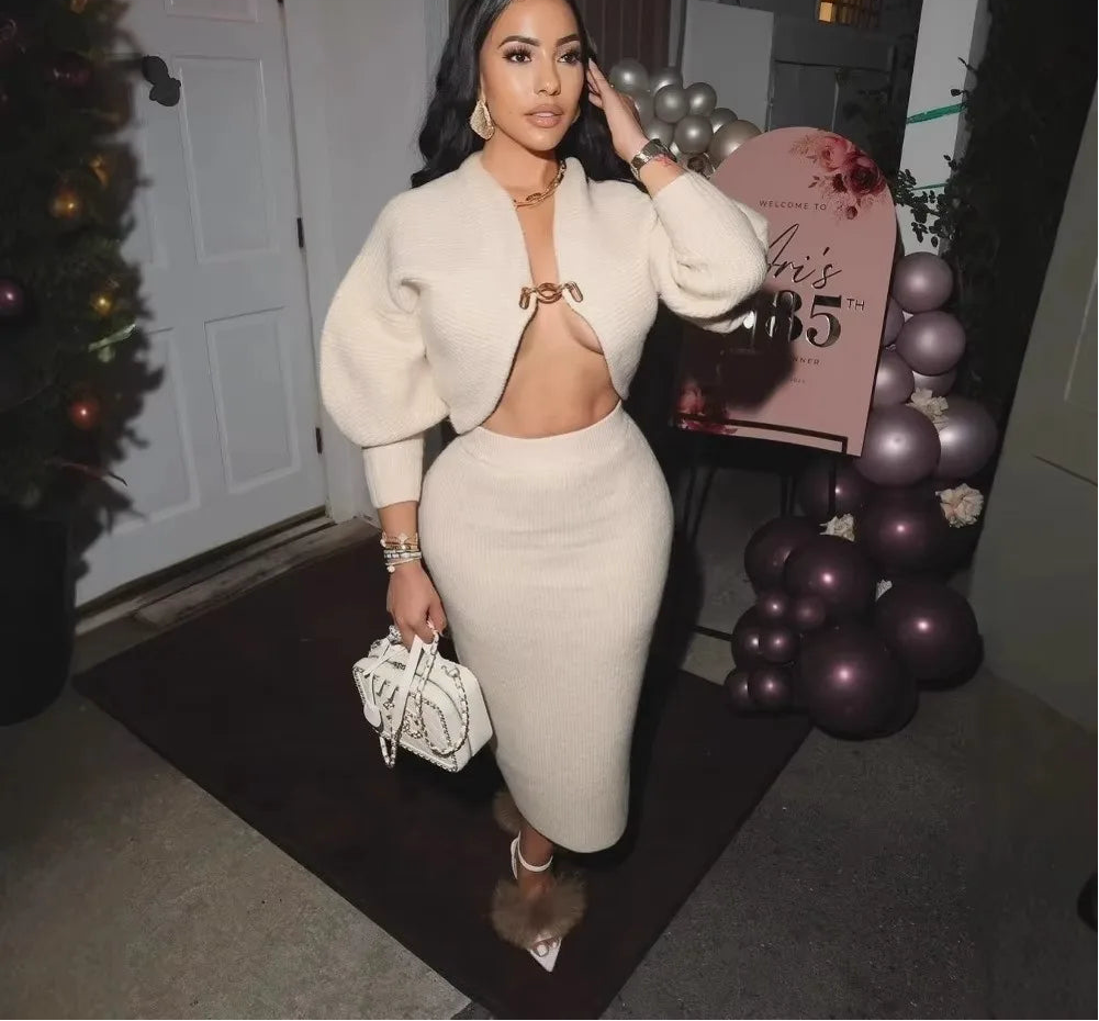 High Quality Elegant Knit Lantern Sleeve Crop Cardigan + Long Skirt Suit Streetwear
