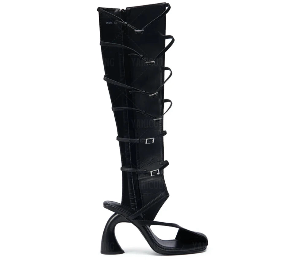 Spoken Dreams: Uniquely Curved Heel Sandal Boots