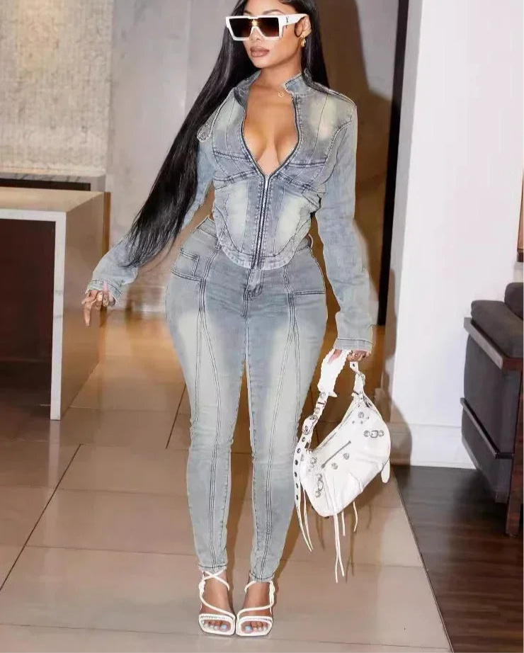 Denim Women's Set Full Sleeve V-neck Jacket +Jeans Pants Fall Streetwear Two 2 Piece Sets Outfit Tracksuit