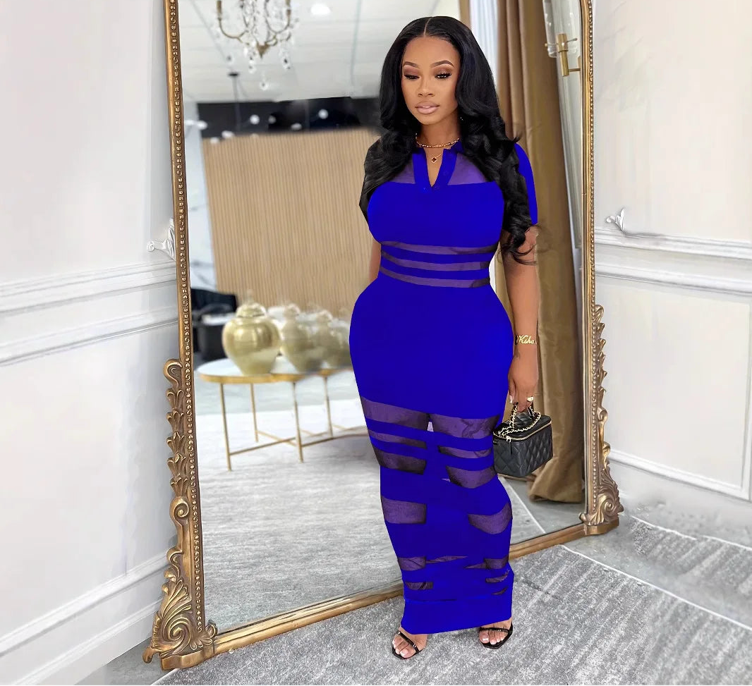 Women mesh see though patchwork polo-collar Bodycon Midi Maxi Long Dress