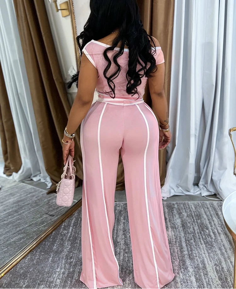 Casual T-Shirt Crop Tops and Trousers Two Pieces Suit