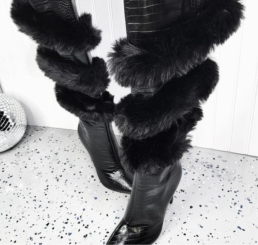 Spoken Dreams: Cross Furry Alligator High Heel Boots