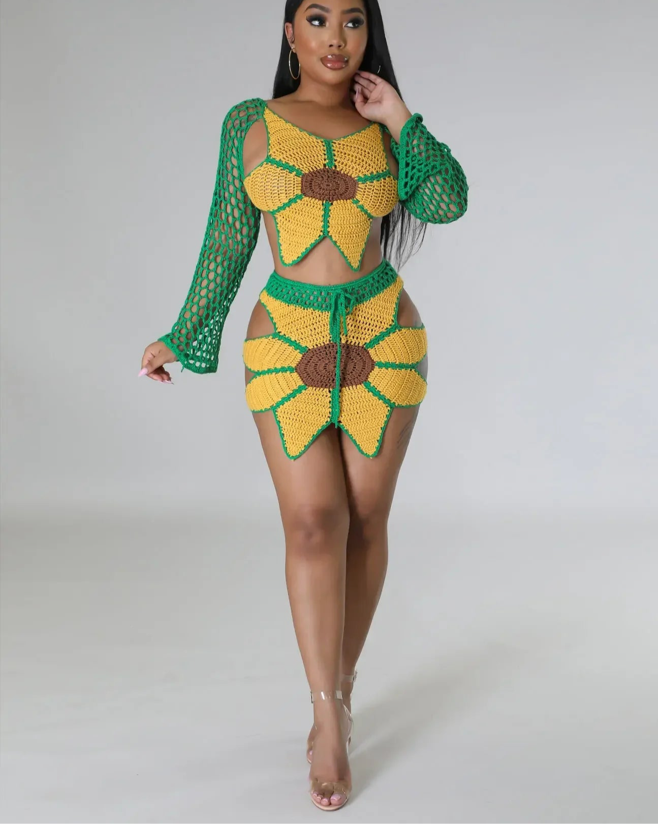 Crochet Sunflower Women Two 2 Piece Set Outfits Crop Top and Midi Mini Skirt Suit 2025
