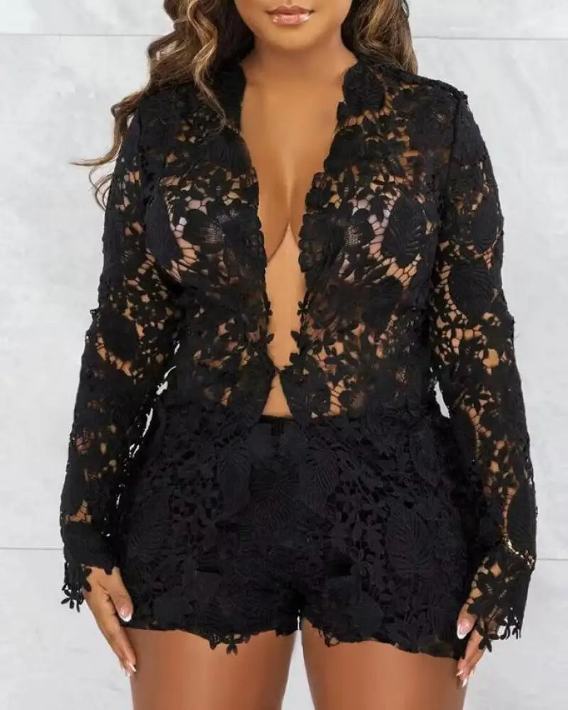 Spoken Dreams: Sexy Guipure Lace Placket Long Sleeve Set