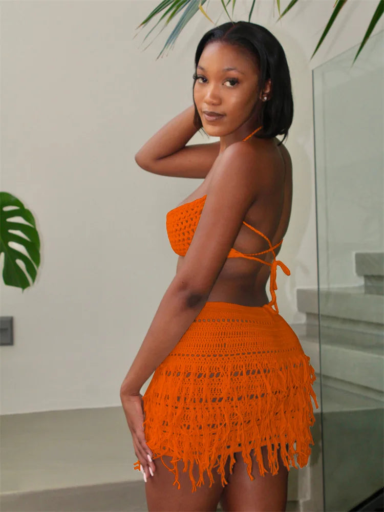 Woman Summer Sexy Backless Bandage Halter Camisole+Tassel Skirts Party Skinny Matching Clubwear