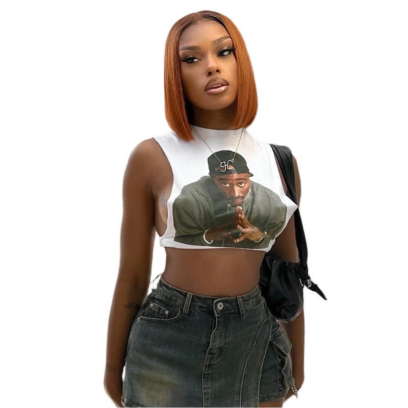 Women's Summer New Retro 3D Print Sexy Tank Tops Street Hipster O Neck Sleeveless Cut Out Vest Club Crop Tops