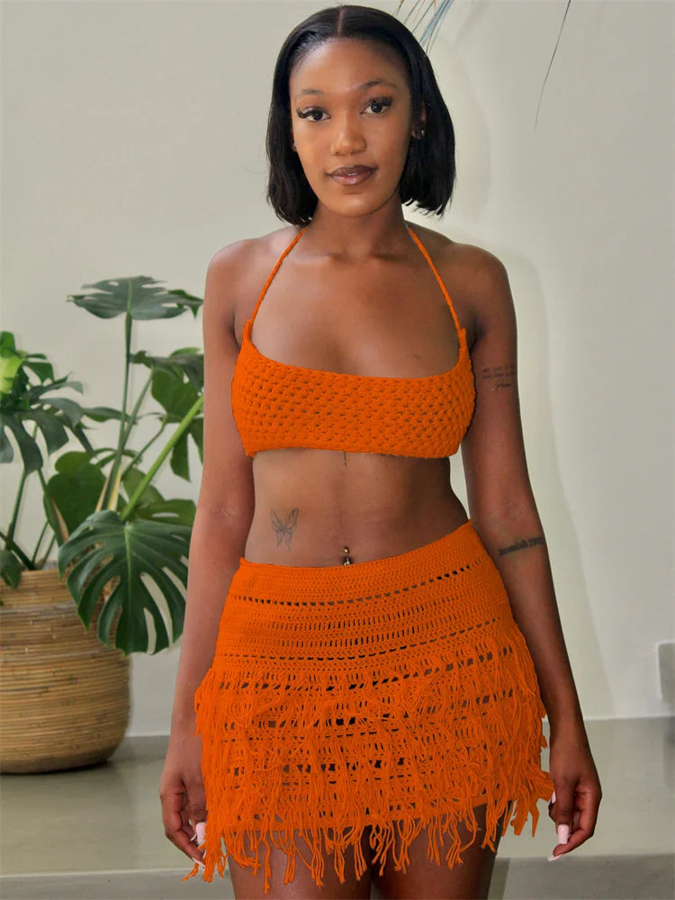 Woman Summer Sexy Backless Bandage Halter Camisole+Tassel Skirts Party Skinny Matching Clubwear