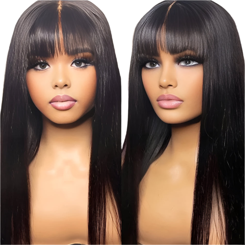 3x1 Middle Part Lace Wig Bone Straight Cheap Wigs Full Machine Made Human Hair Wig with Bangs for Women on Clearance Sale
