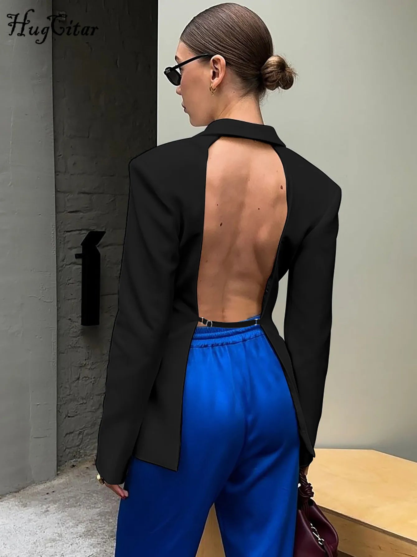 Notched Collar Long Sleeve Button Backless Slip Sexy Oversize Suit Blazer Coat Female Fashion Top Party Vacation