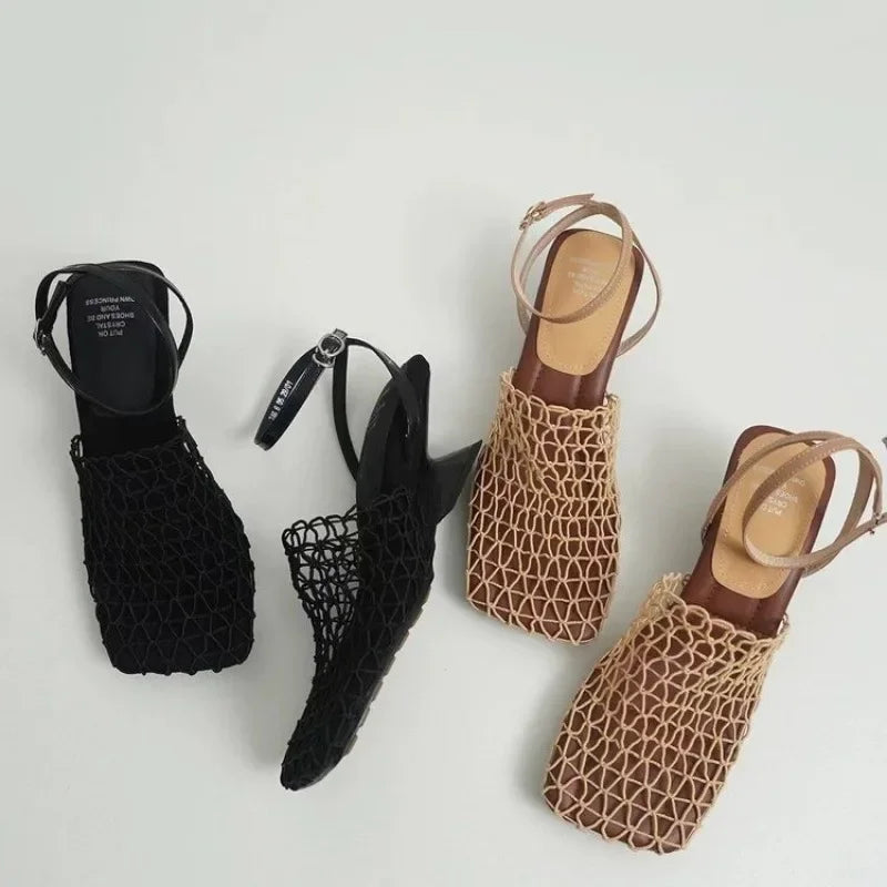 Summer Luxury Designer Sandals Women's Lace Mesh Square Toe Shallow Narrow Strap Braided Slip-on High Heels Sandals