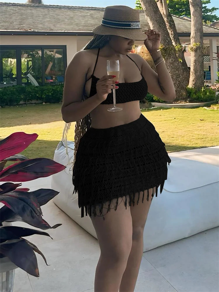 Woman Summer Sexy Backless Bandage Halter Camisole+Tassel Skirts Party Skinny Matching Clubwear