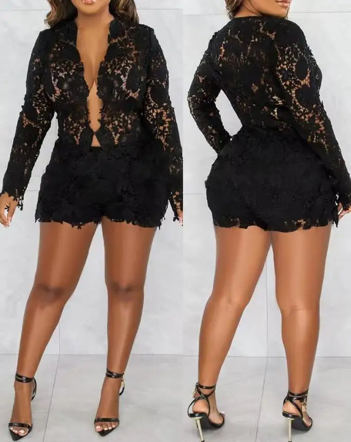 Spoken Dreams: Sexy Guipure Lace Placket Long Sleeve Set