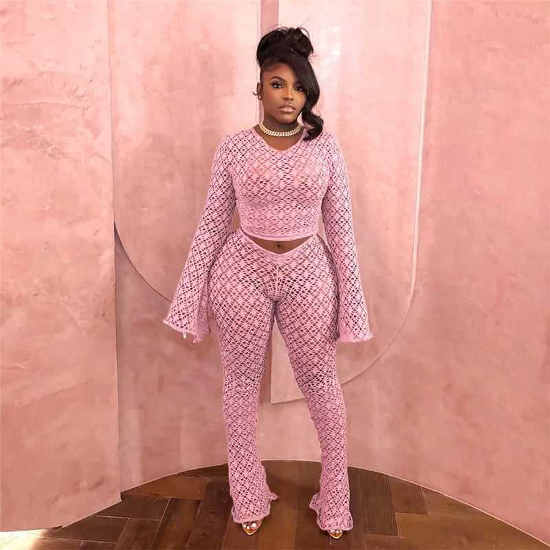 Women Lace Long Sleeve Crop Top and Flare Pants Rave Outfit