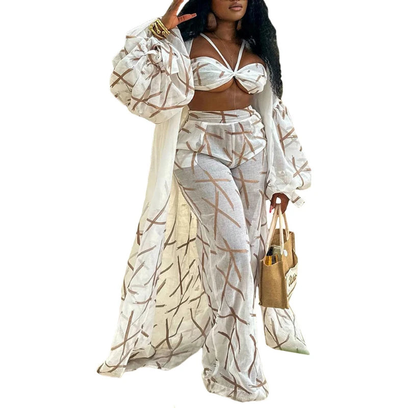 Women Solid Three Piece Set Loose Cardigan Long Shirt Vest Wide Leg Long Pants Suit