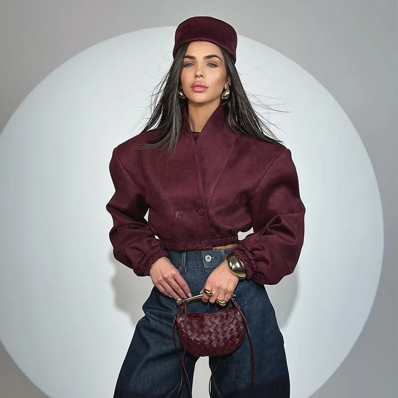 Spoken Dreams:Burgundy V-neck Double-breasted Long-sleeve Crop Jacket