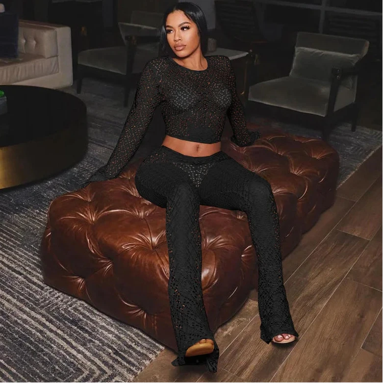 Women Lace Long Sleeve Crop Top and Flare Pants Rave Outfit