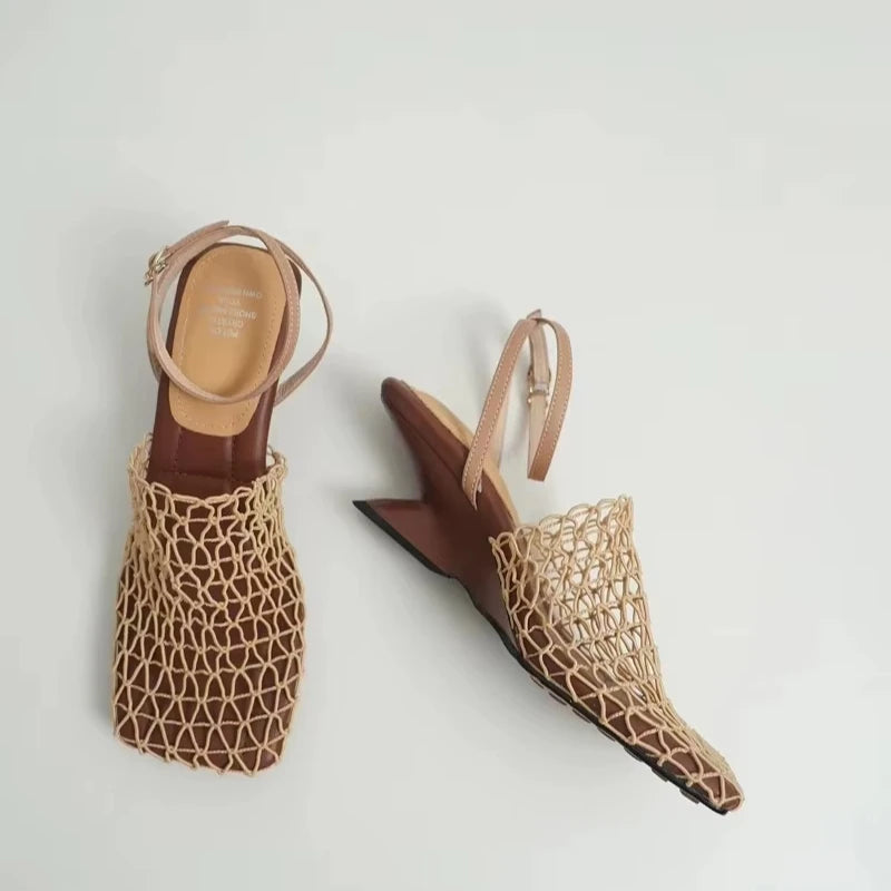 Summer Luxury Designer Sandals Women's Lace Mesh Square Toe Shallow Narrow Strap Braided Slip-on High Heels Sandals