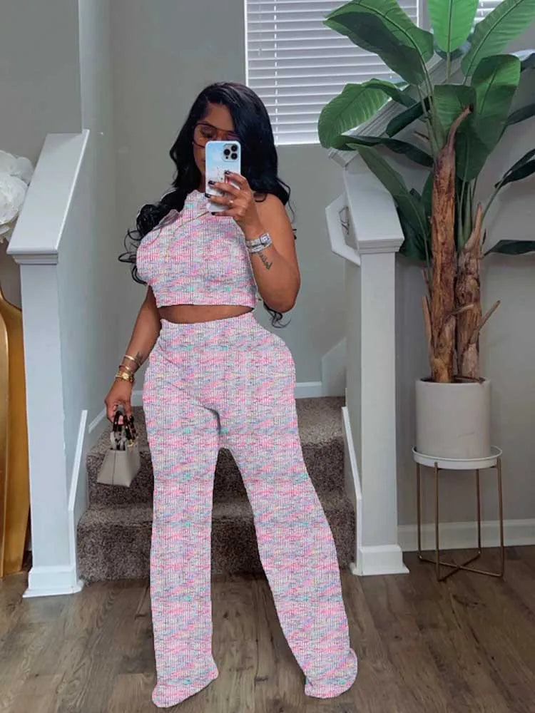 2 Piece Sets Womens Outfits Elegant Stretchy Knitted Summer Suit Sexy Sleeveless Top and Pant Suit Wholesale Dropshipping