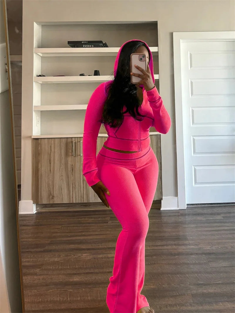 Spoken Dreams:Women Hoodie Crop Top Flare Pant Sets Casual Tracksuits