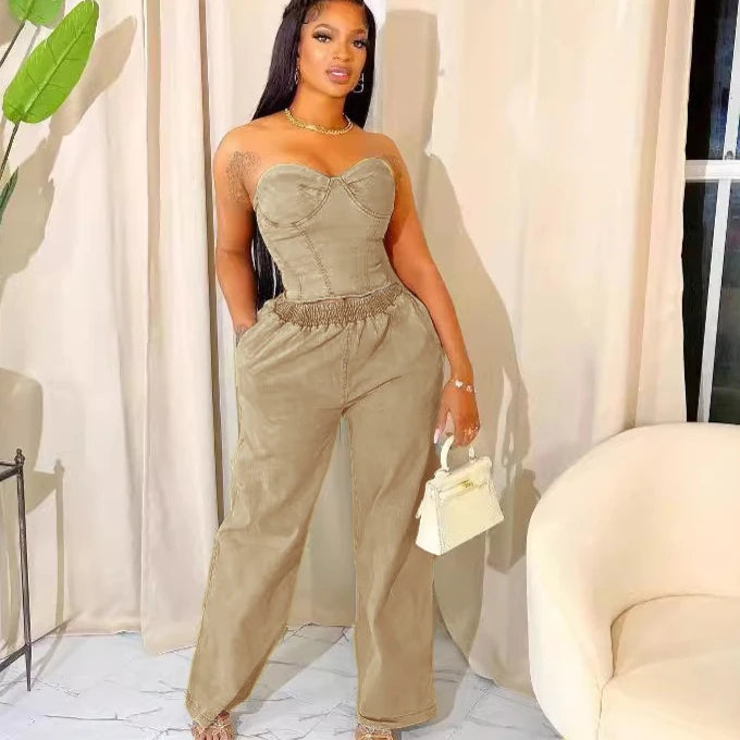 Casual Denim 2 Piece Sets Sleeveless Backless Zipper Crop Top and Wide Leg Jeans Female Streetwear New