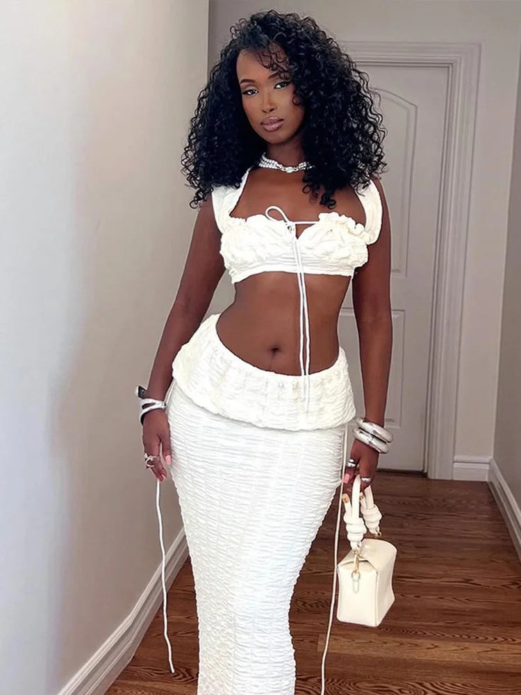 Elegant 2 Piece Set Women Hollow Square Collar Bandage Tank Tops+Stretch Long Skirts Midnight Sexy Trend Suits