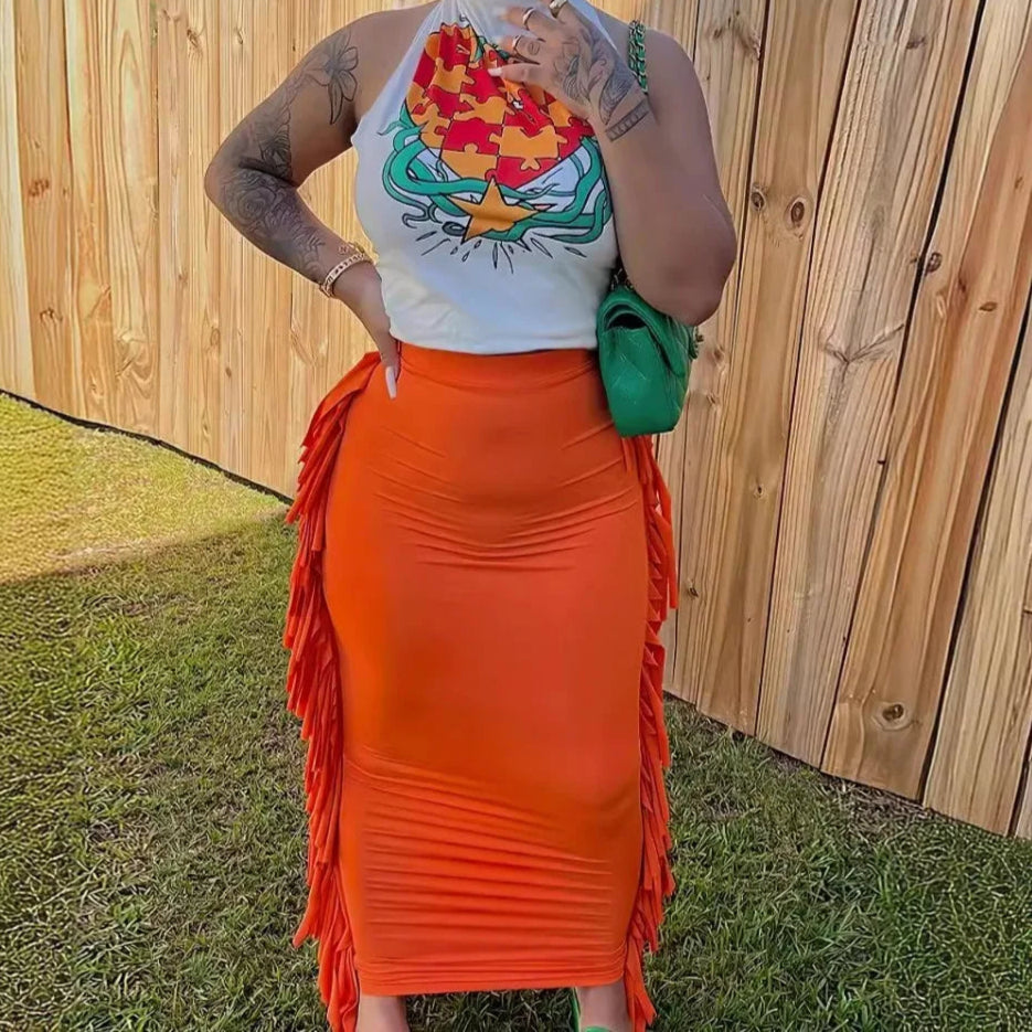 Two Piece Halter Lace-up Top and High Waist Tassels Skirt