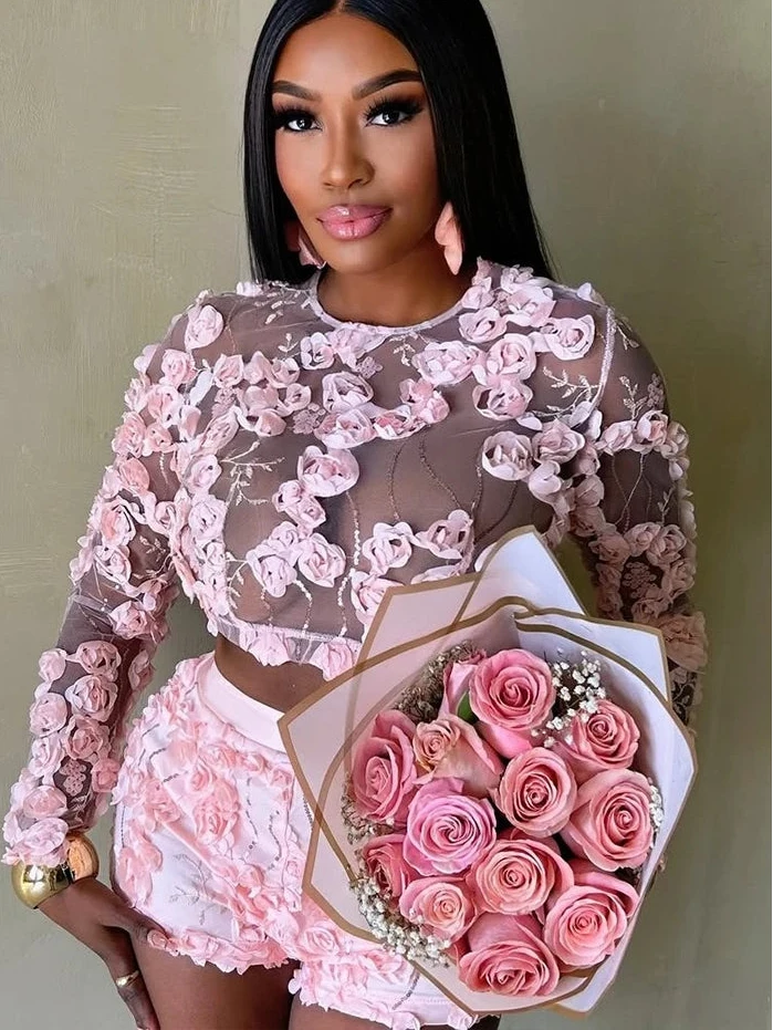 Flower Women's Set Mesh See Through Long Sleeve Top and Shorts Suits 2025 Sweet Party Girl Two 2 Piece Sets Outfits