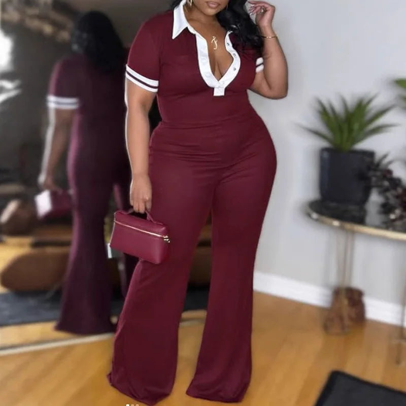 Elegant Short Sleeve High Waist Casual Flare Leg Jumpsuits