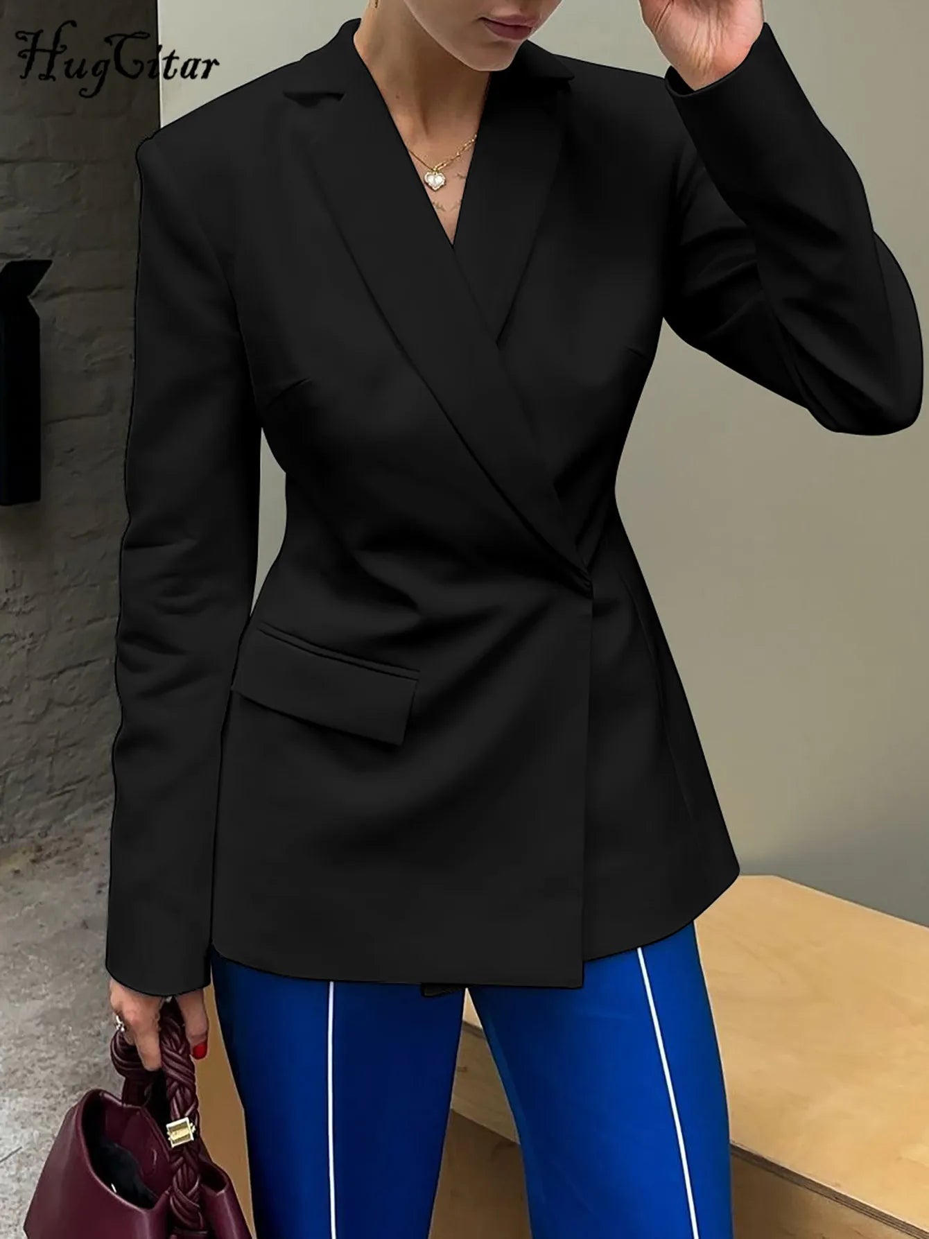 Notched Collar Long Sleeve Button Backless Slip Sexy Oversize Suit Blazer Coat Female Fashion Top Party Vacation