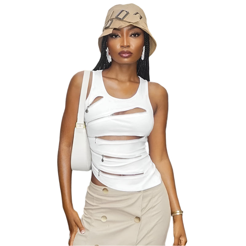CUTENOVA Fashion Punk Women Zipper Design Crop Tops Sleeveless Cut Out Slim Tanks Vest Grunge Hollow Out Vest Tops Bustiers Str