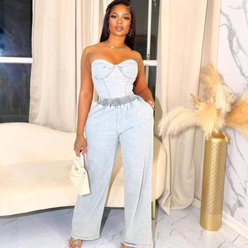 Casual Denim 2 Piece Sets Sleeveless Backless Zipper Crop Top and Wide Leg Jeans Female Streetwear New