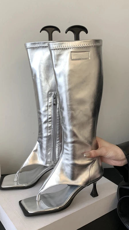 Open Toe Clip-On Knee High Boots Women Modern Booties Thin Low Heels Side Zipper Spring Party Pumps Sandals Shoe
